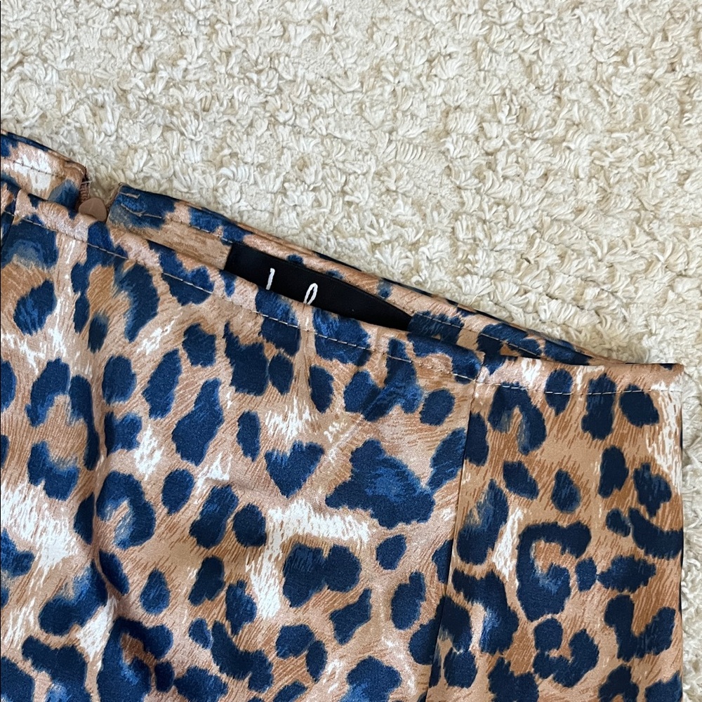 Lulu's Satin Tan and Navy Blue Leopard Print Midi A-line Skirt - Picture 5 of 9